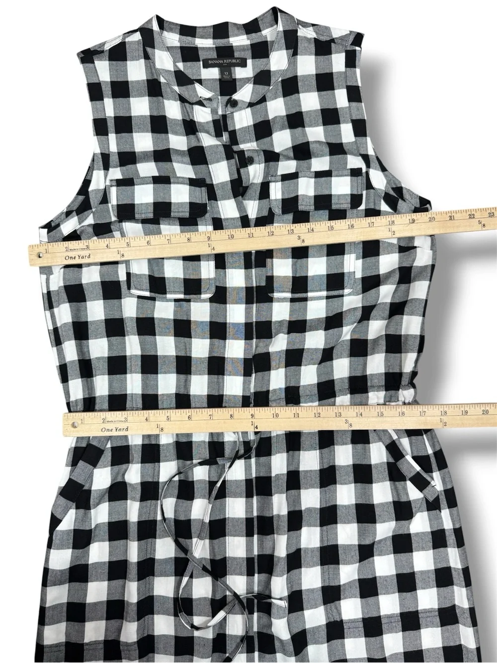 Banana‎ Republic Buffalo Check Sleeveless Cinch Waist Shirt Dress Black White 12